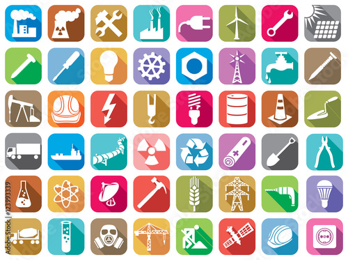industry flat icons set (wrench, solar panels, screw, screwdriver, lightning, nuclear power plant, atom, hard hat, drill, pipeline, wind turbine, hammer, water tap, power plug, crane, gas mask)