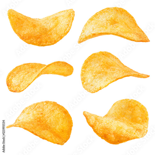 Potato chips isolated on white background. Collection. photo