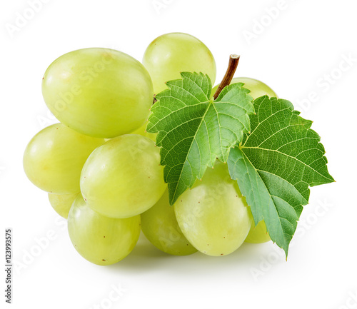 Green grape with leaf isolated on white. With clipping path.