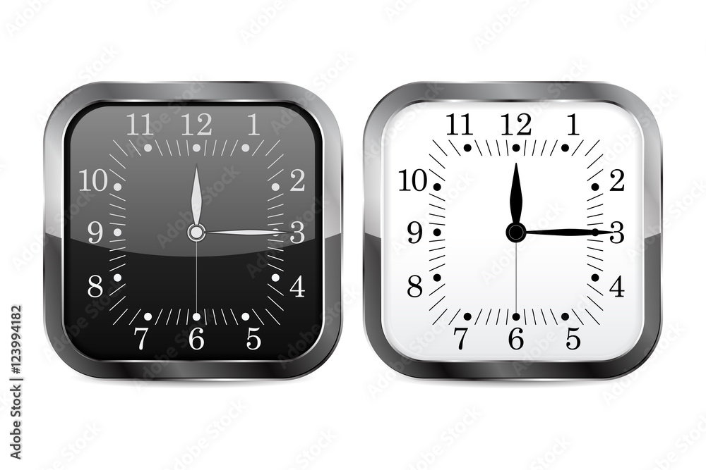 Clock. Square shape clock face with chrome frame Clock. Square shape clock face with chrome frame