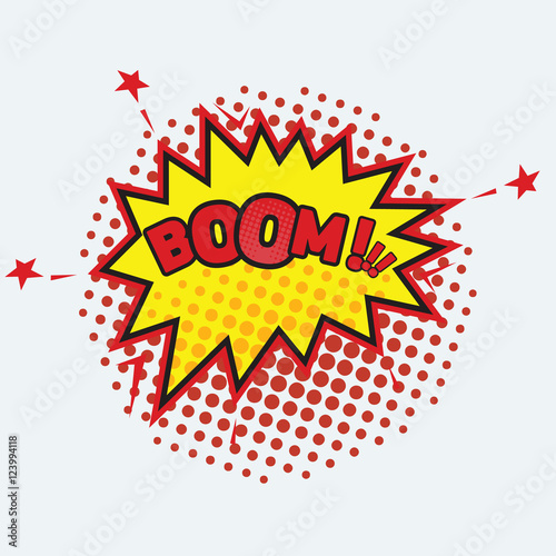 Boom - Comic sound effect. Halftone shadows. Vector illustration.