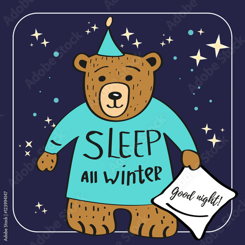 Brown Bear Cartoon Character. Sleep all winter. Good night background