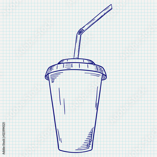 Plastic cup with drinking straw. Takeaway drink. Hand drawn sketch