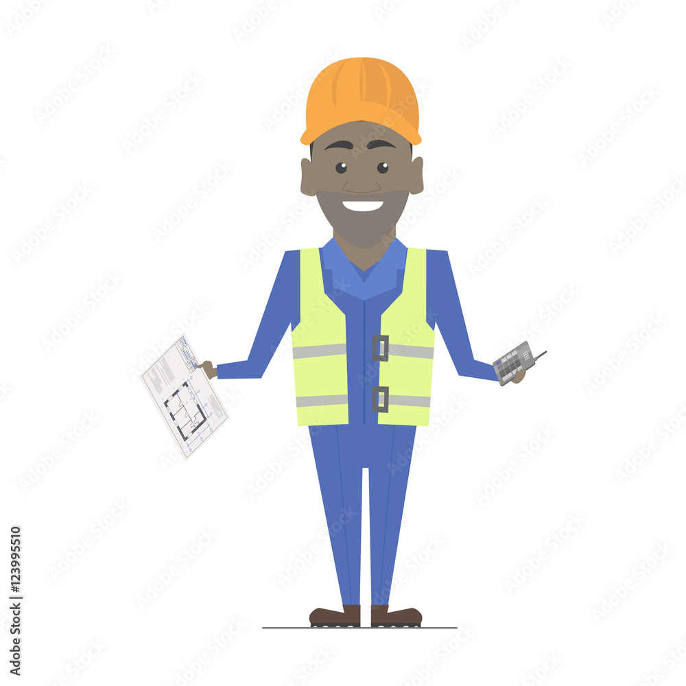 Builder man African American working. Architecture vector construction work Builder man African American working. Architecture vector construction work