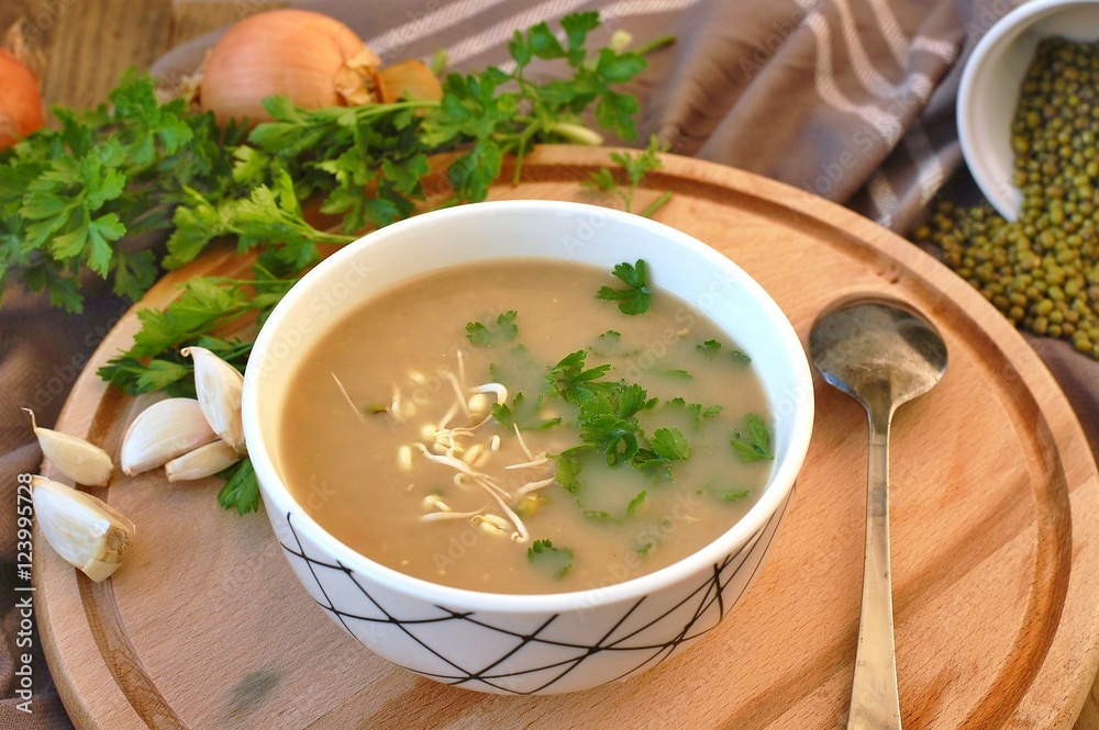 Healthy vegan soup from mung bean, coriander, garlic and onion in bowl on wooden background Healthy vegan soup from mung bean, coriander, garlic and onion in bowl on wooden background
