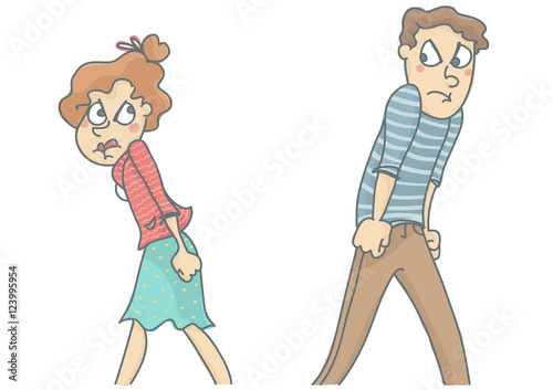 Young  love couple in fight, do not want to talk to each other, each going his own way. Vector cartoon of couple break, isolated, white background.