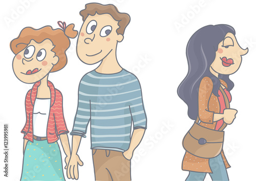 Woman and man in love relationship walking, man looking and flirting with another woman passing by. Vector cartoon of man infidelity, isolated, white background.