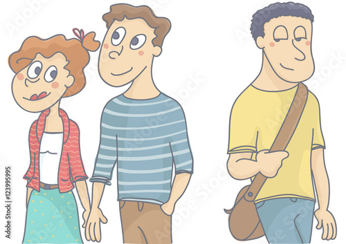Young love couple walking, woman looking and flirting with another man passing by. Vector illustration of female infidelity.
