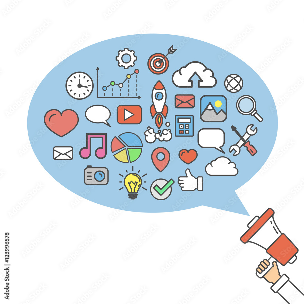 Megaphone business concept. Hand holding loudspeaker with big speech bubble. Concept of promotion, development and e-commerce. Megaphone business concept. Hand holding loudspeaker with big speech bubble. Concept of promotion, development and e-commerce.