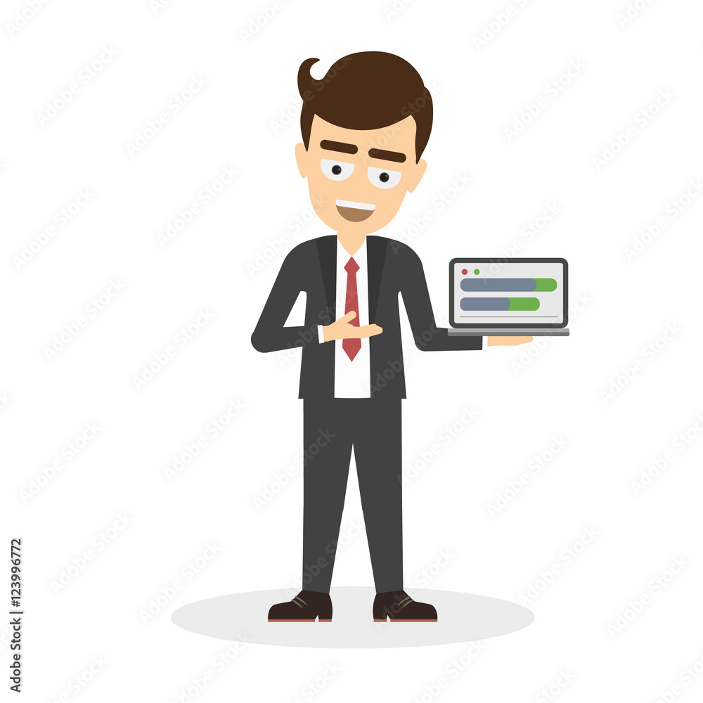 Businessman with successful business. Isolated cartoon character with chart board and statistics. Progress data. Making profit. Businessman with successful business. Isolated cartoon character with chart board and statistics. Progress data. Making profit.