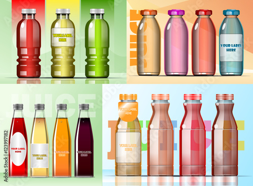 Vector set of transparent glass or plastic green, burgundy and purple liquid bottle with caps for juice mockup ready for your design