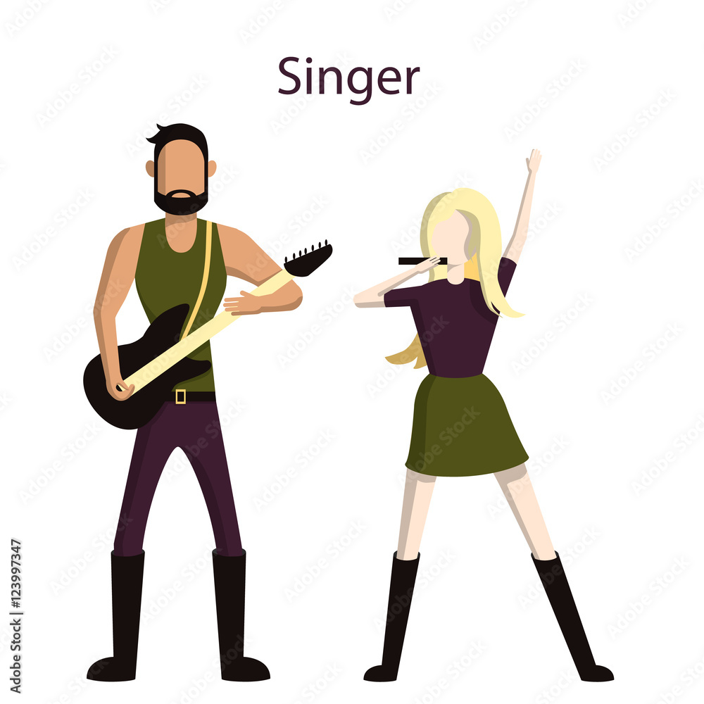 Isolated singers set. Isolated figures of man and woman in uniform with guitar and microphone standing on white background. Isolated singers set. Isolated figures of man and woman in uniform with guitar and microphone standing on white background.