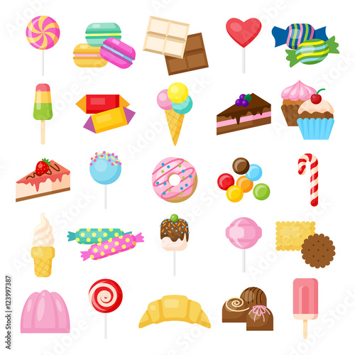 Tasty sweets set. Isolated candies, cakes and other sweets on white background. Doughnuts, cheesecake, ice cream, lollipop and more.