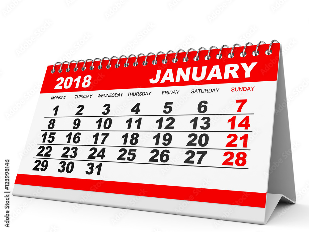 Calendar January  2018 on white background.