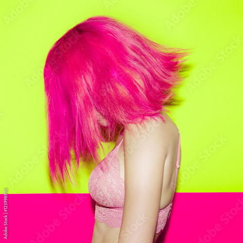 Hair Style Fashion Pink hair model. Trend colors mix
