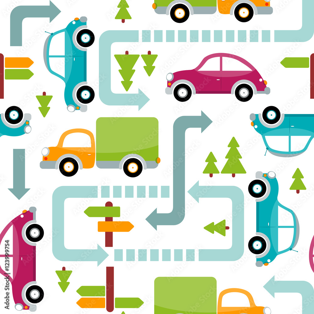 Seamless pattern of multicolored toy cars with trees, arrows, pointers. Vector illustration Seamless pattern of multicolored toy cars with trees, arrows, pointers. Vector illustration