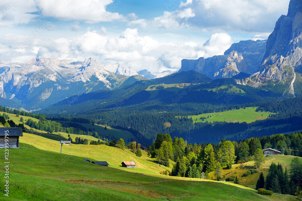 Seiser Alm, the largest high altitude Alpine meadow in Europe, stunning rocky mountains on the background
