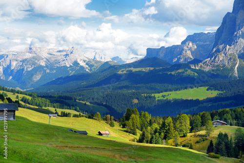 Seiser Alm  the largest high altitude Alpine meadow in Europe  stunning rocky mountains on the background