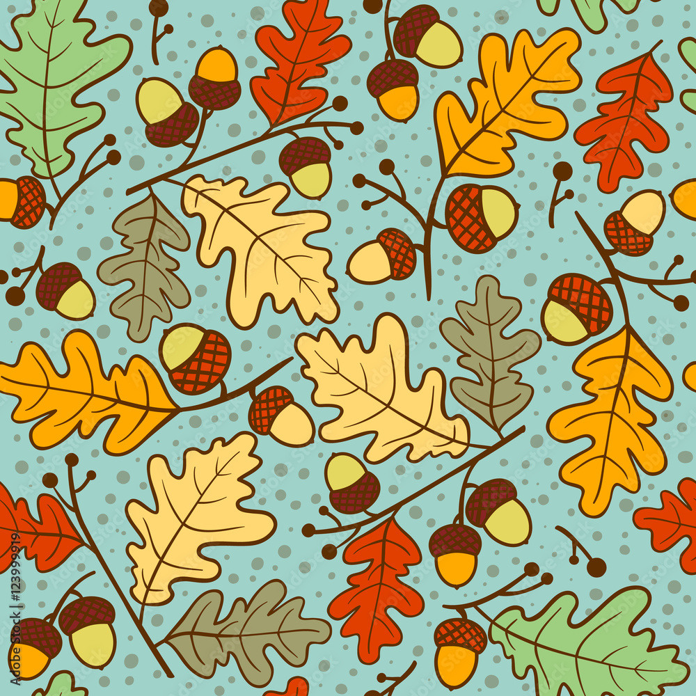 Autumn seamless pattern of oak twigs and acorns. Vector illustration ...
