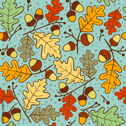 Autumn seamless pattern of oak twigs and acorns. Vector illustration. Cute vector backgrounds in warm retro colors. Seamless pattern can be used for wallpaper  pattern fills  surface textures