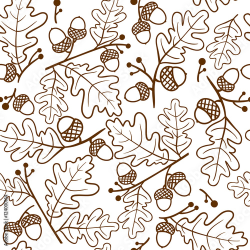 Autumn seamless pattern of oak twigs and acorns. Vector illustration. Cute vector backgrounds. Seamless pattern can be used for wallpaper, pattern fills, surface textures