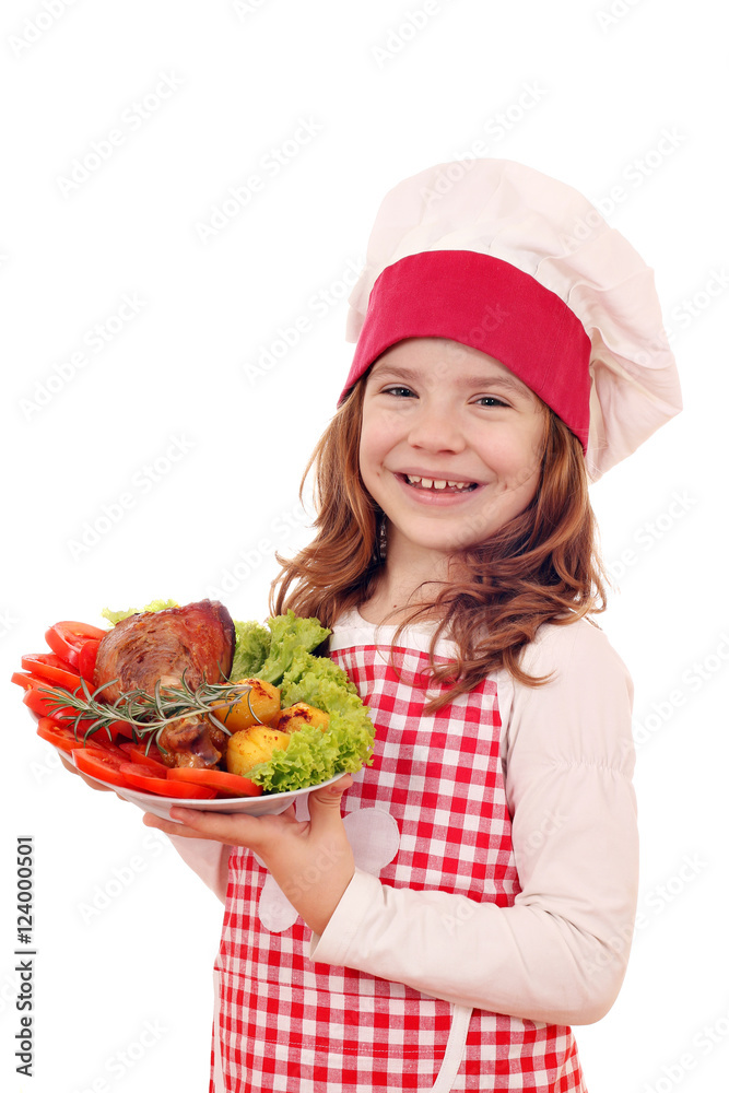 little girl cook with roasted turkey drumstick little girl cook with roasted turkey drumstick