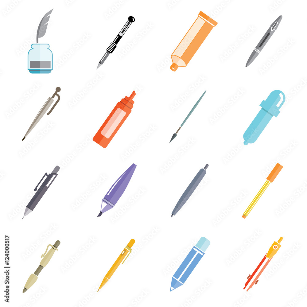 writing tool icons, stationery icons