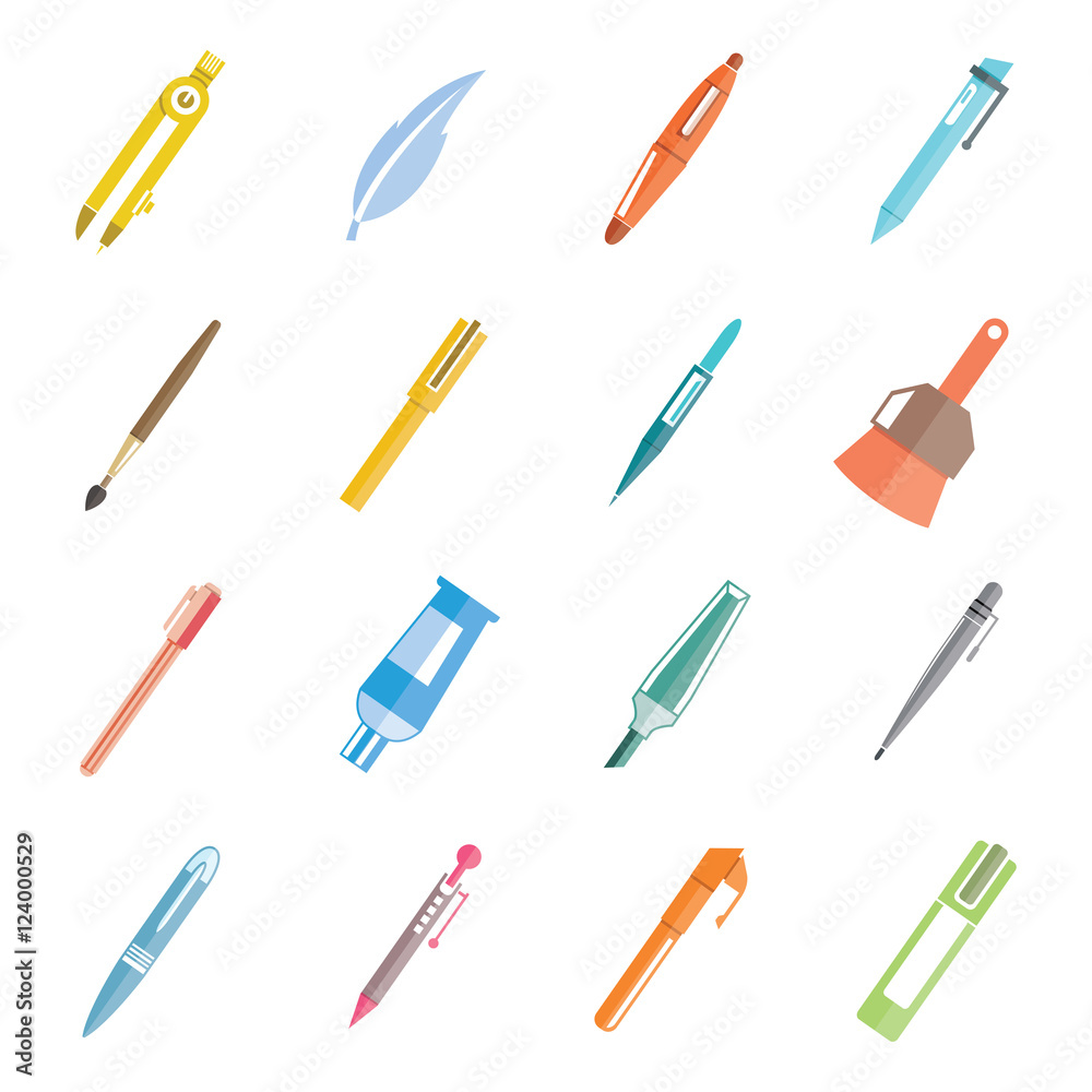 writing tool icons, stationery icons