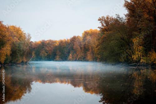 autumn landscape, river, haze, evening 
