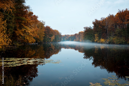 Fototapeta Naklejka Na Ścianę i Meble -  autumn landscape, river, haze, evening
