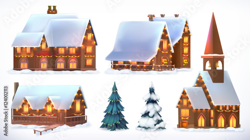 Christmas. Cottages, country houses. Festive Christmas decorations. New Year. Set of 3d vector icon