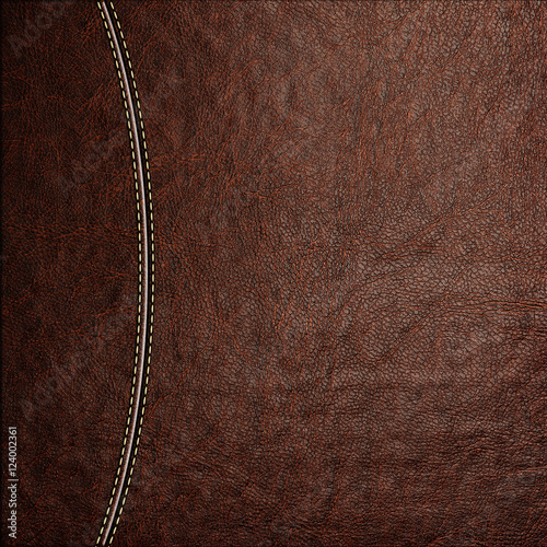Texture of brown leather background with stitched seam, close-up. Texture for design.
