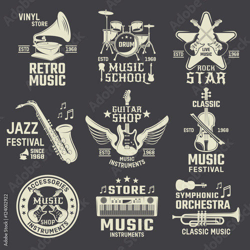 Music School And Shops Monochrome Emblems