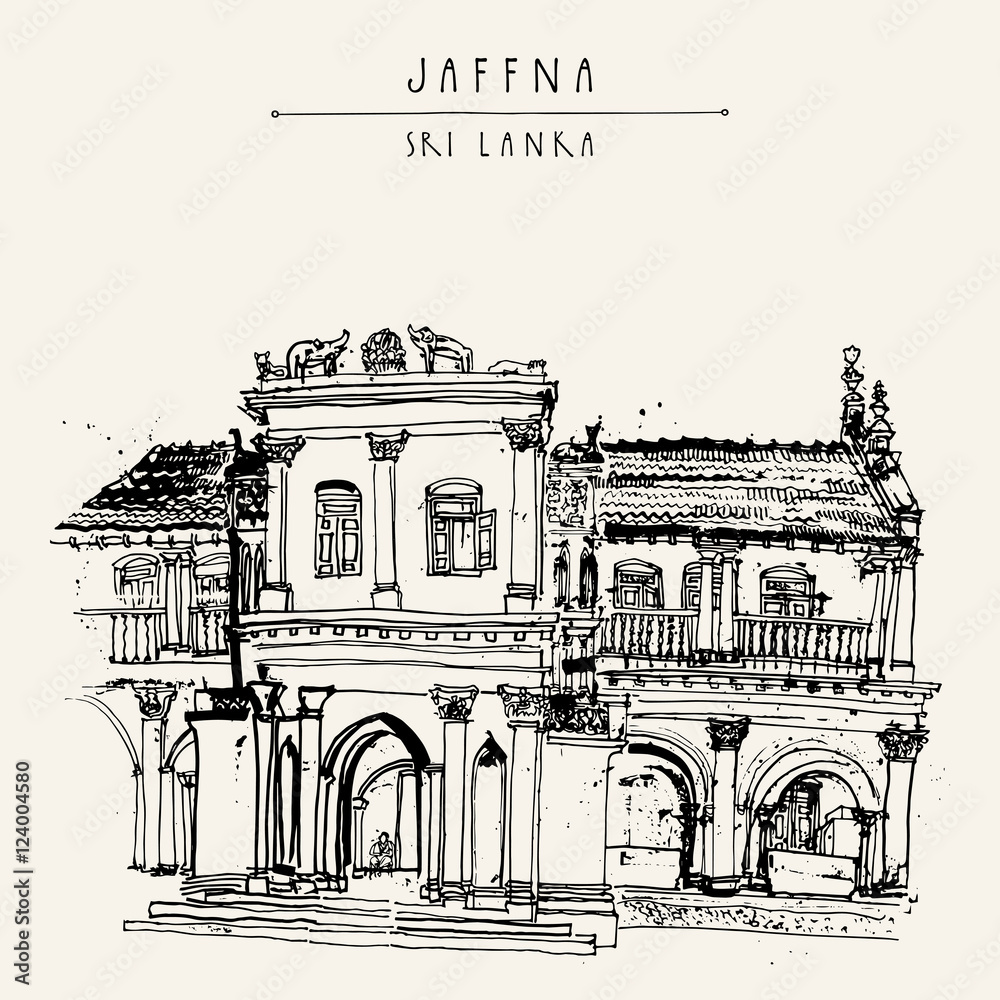 Beautiful old historic building in Jaffna, Sri Lanka, Asia. Travel sketch. Hand-drawn vintage book or calendar illustration, touristic postcard or poster