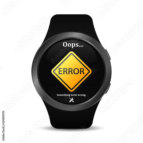 Smart watch with error sign on screen. Mistake in smart watch display. Service, repair and maintenance of smart watch. Vector isolated illustration.