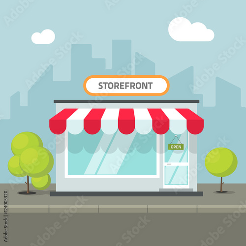 Storefront in the city vector illustration, store building on town street, flat cartoon shop facade front view