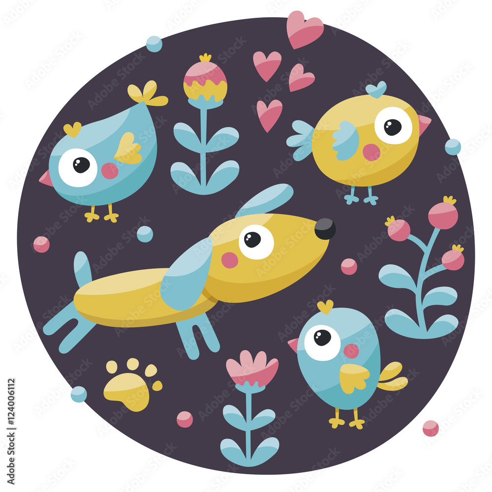 Obraz premium Animal set made with dog, birds, flowers, paw, trace, plants, berries, nature