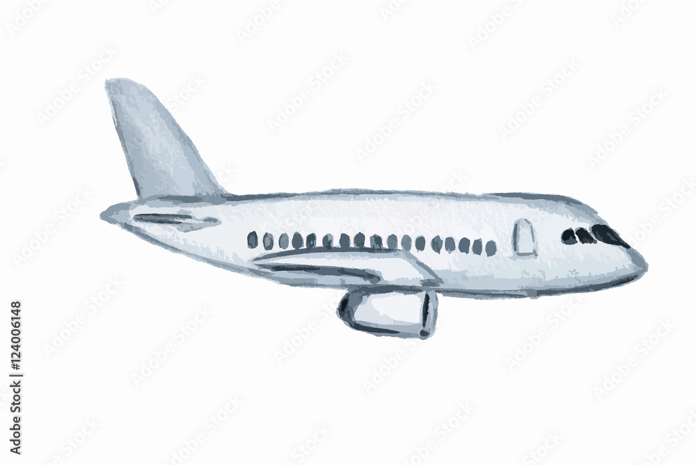 Isolated watercolor plane on white background. Concept of vacation, business trip and more.