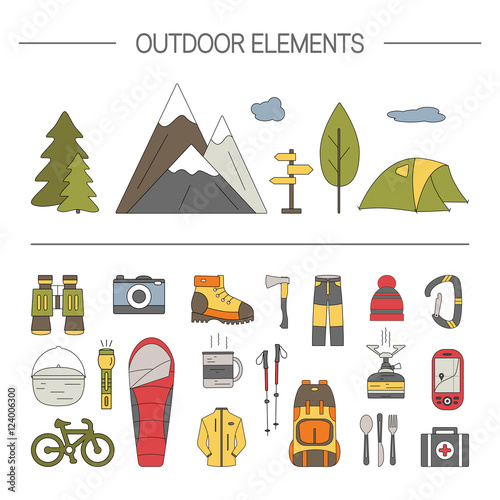 Collection of different outdoor icons made in line style. Vector illustration.