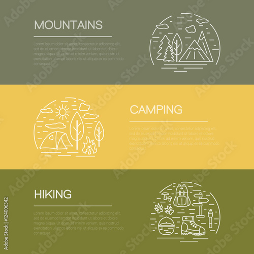 Outdoor flyers with hiking and camping icons and symbols.