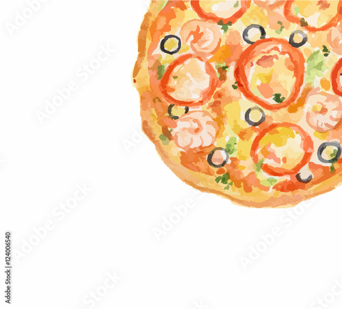Isolated watercolor pizza on white background. Tasty italian snack or street food. Italian cuisine.