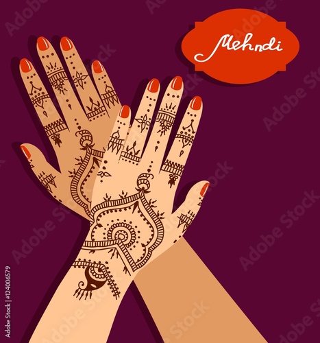 Element yoga mudra hands with mehendi patterns. Vector illustration for a yoga studio, tattoo, spas, postcards, souvenirs. Indian traditional lifestyle.
