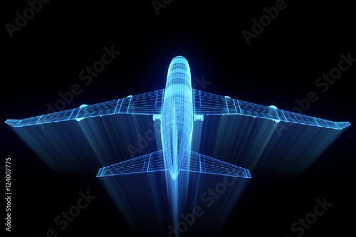 Airplane in Hologram Wireframe Style. Nice 3D Rendering
