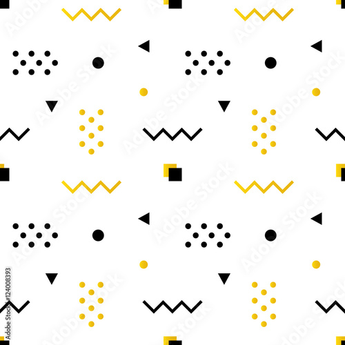 Geometric shapes modern, trendy minimalistic seamless pattern background in white, black and golden colors.