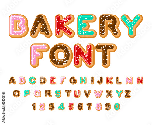 Bakery font. Donut ABC. Baked in oil letters. Chocolate icing an
