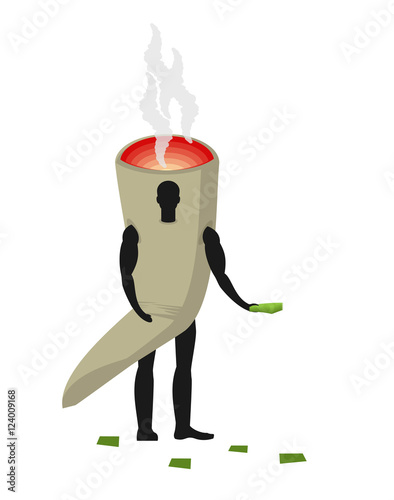 Joint or spliff man mascot promoter. Male in suit Smoking drug d