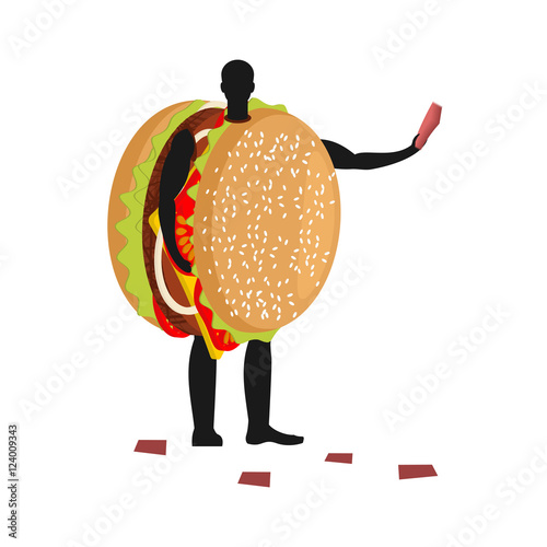 Hamburger costume man mascot promoter. Male in suit burger distr