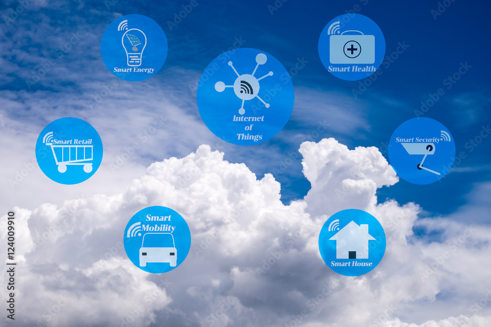 Smart city and Internet of things concept. Smart Things icons on Telecommunications tower with clear blue sky background. Smart city and Internet of things concept. Smart Things icons on Telecommunications tower with clear blue sky background.