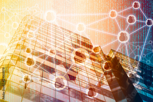 Smart Building and Internet of Things concept. Double exposure of office building and abstracy digital connection background.