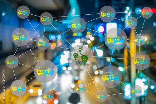 Smart transportation concept. Sharing economy and collaborative consumption. Car , train and GPS icons connected together against abstract city street light background.